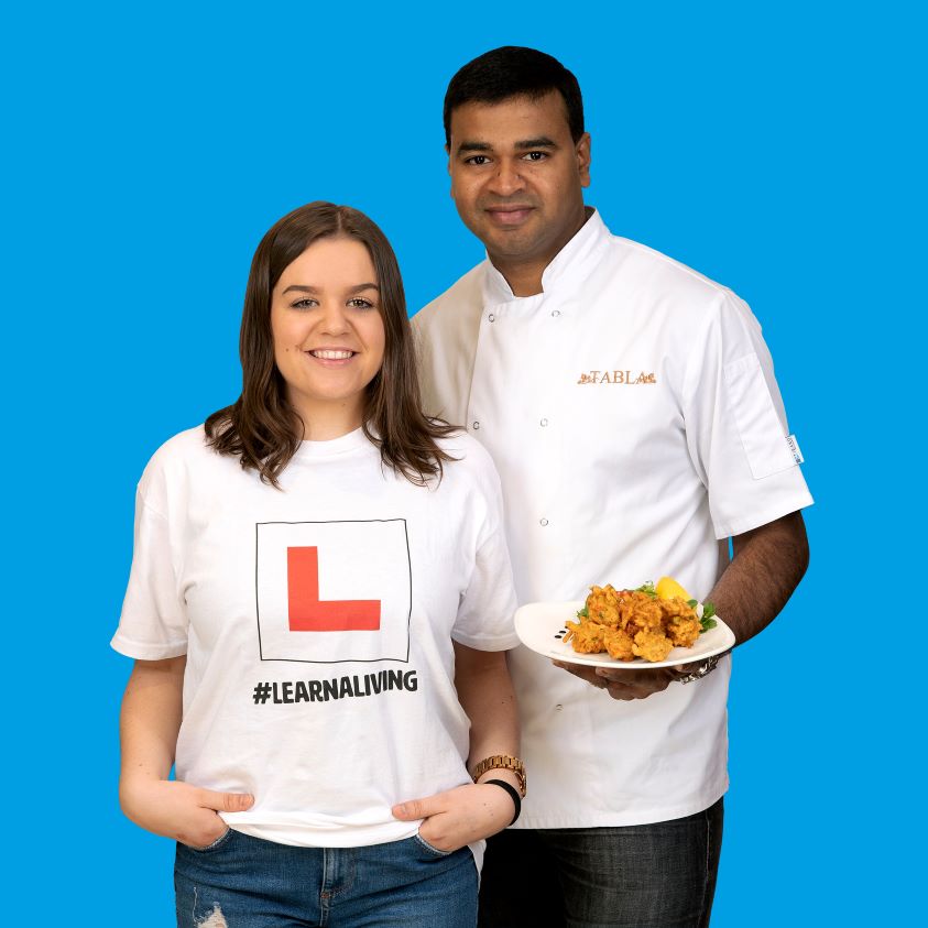 Developing Young Workforce: Learn a Living Integrated Marketing Campaign - Picture of young woman wearing a learner's t-shirt and Praveen Kumar, award winning chef