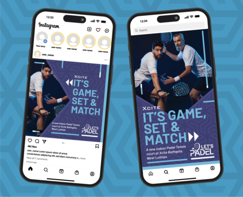 Cunningly Good Group, marketing and PR agency in Perth, Scotland – image of two smartphones displaying Instagram posts promoting Xcite Padel Tennis.