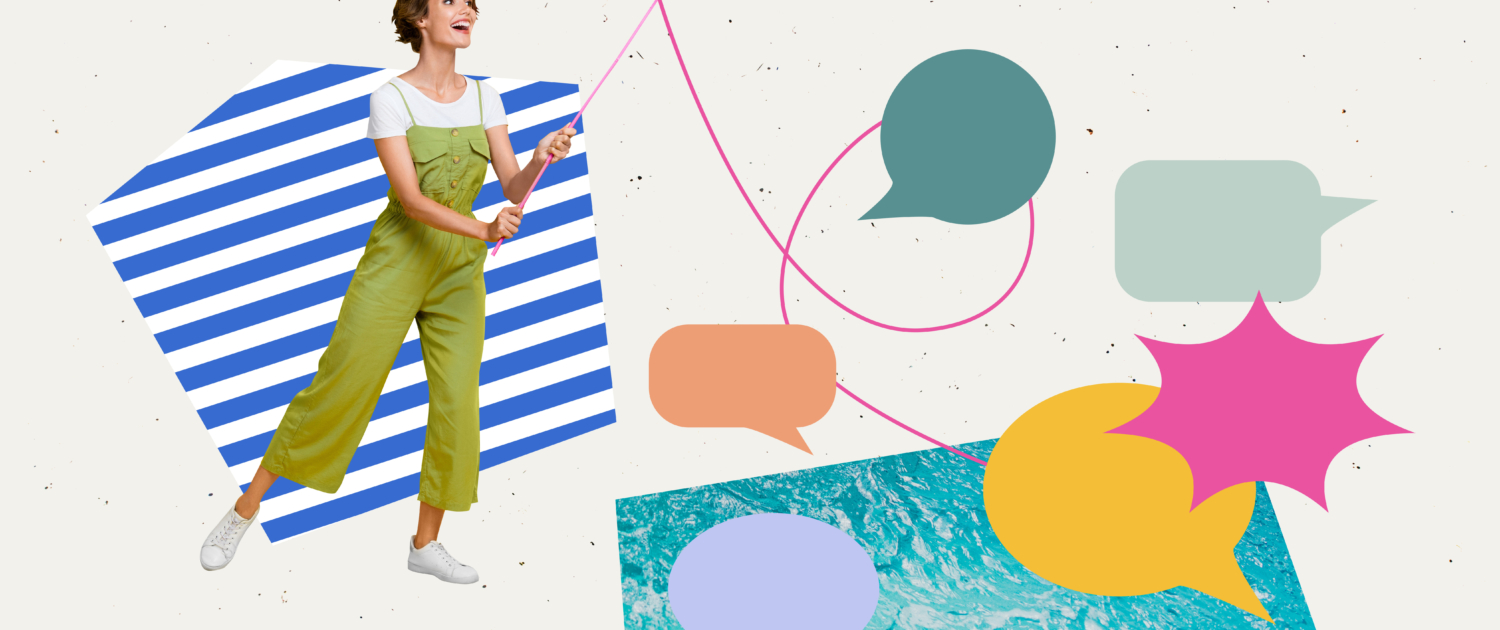 Cunningly Good Group Marketing Agency Perth - visual of sketch collage image of happy girl hold fishing rod catch bubble communication chat