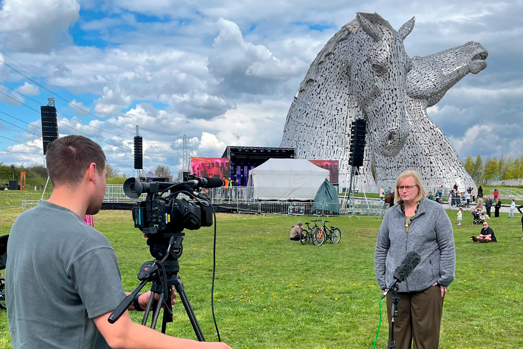 Media interview being filmed at The Kelpies as part of a public relations project by Cunningly Good Group.