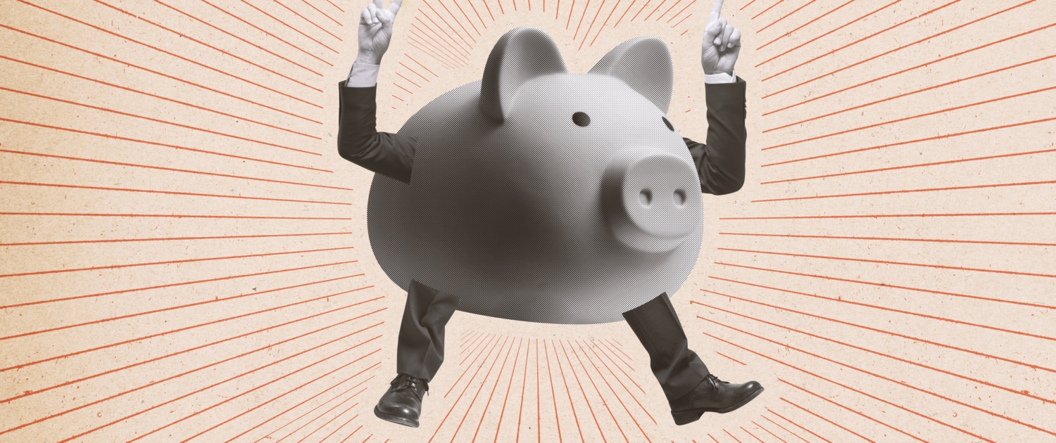 Funny happy piggy bank character with human arms and legs: investments and savings concept, vintage style collage