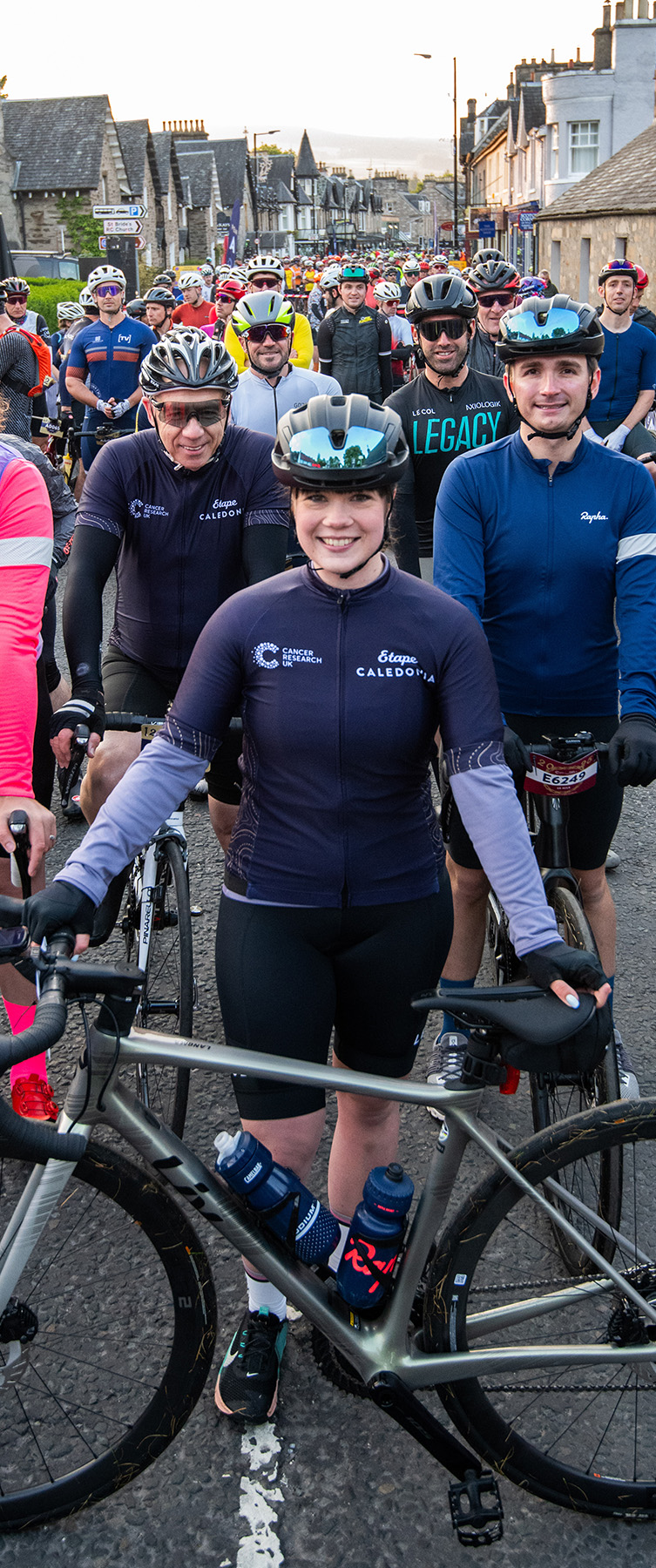 Olympian Hailey Duff MBE leads cyclists at the Etape Caledonia 2025 start line in Pitlochry before Scotland's original closed-road sportive.