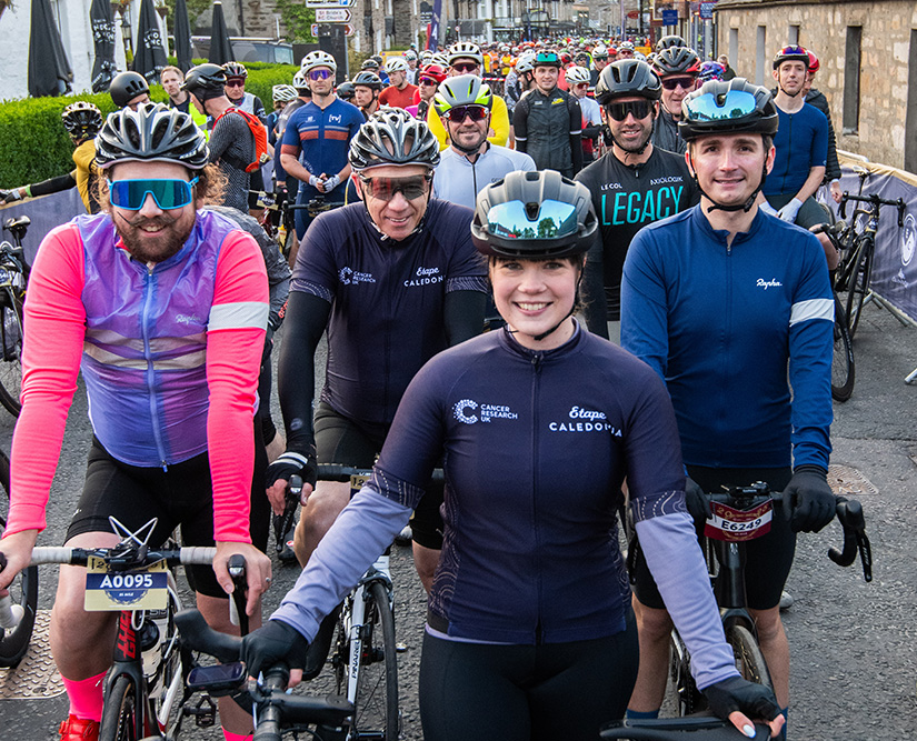 Olympian Hailey Duff MBE and fellow cyclists at the Etape Caledonia 2025 start line in Pitlochry before Scotland's original closed-road cycling event.