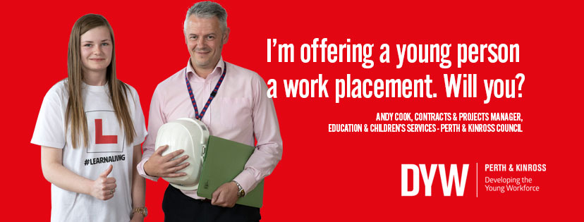Developing the Young Workforce Perth & Kinross work placement campaign featuring a young person and Andy Cook of Perth & Kinross Council.