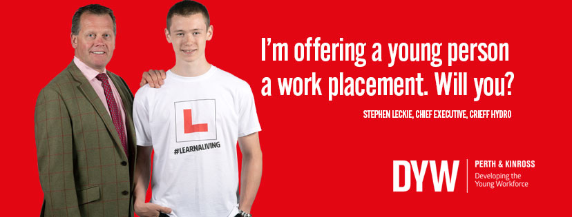 Developing the Young Workforce Perth & Kinross work placement campaign featuring a young person and Stephen Leckie of Crieff Hydro.